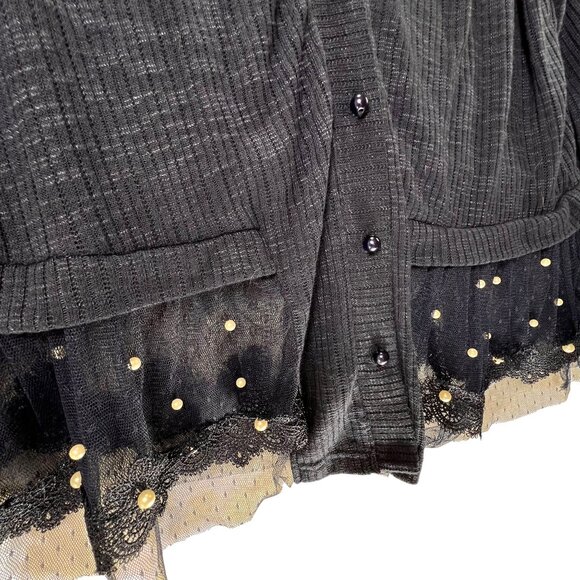 Forgotten Grace Cardigan Sheer Lace Hem Navy Blue Sweater Pearl Buttons Ribbed - Picture 5 of 15